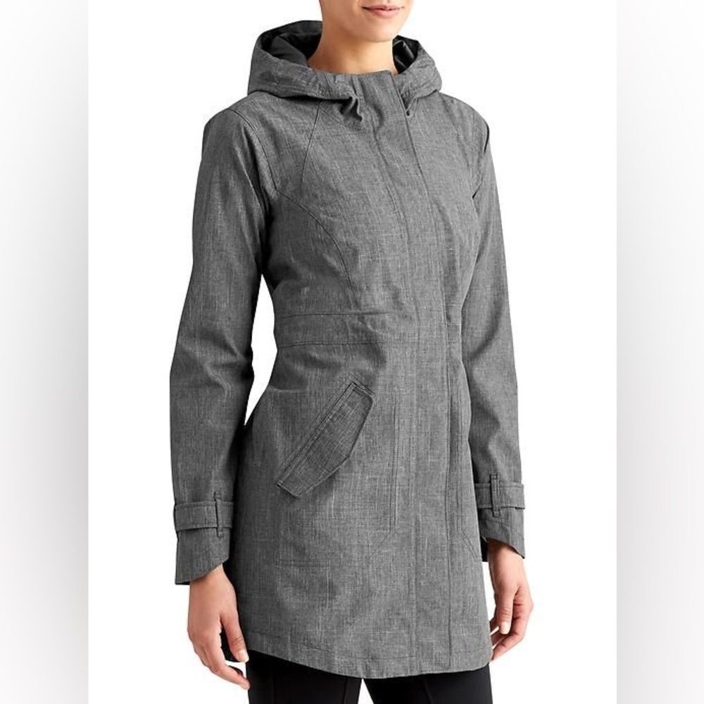 Athleta Hooded Rainfall Jacket Rain Parka Charcoal Grey Trench Coat Long XS